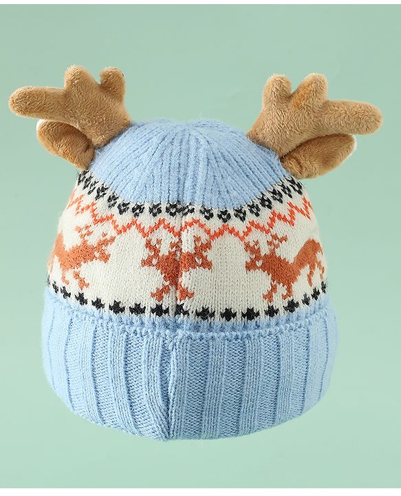 Babyhug Woollen Cap with Reindeer Applique in Red - Diameter 14 cm