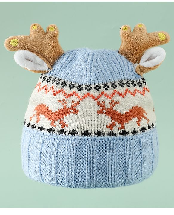 Babyhug Woollen Cap with Reindeer Applique in Red - Diameter 14 cm