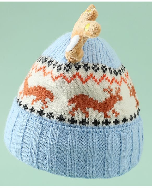 Babyhug Woollen Cap with Reindeer Applique in Red - Diameter 14 cm
