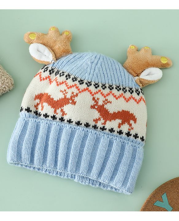 Babyhug Woollen Cap with Reindeer Applique in Red - Diameter 14 cm