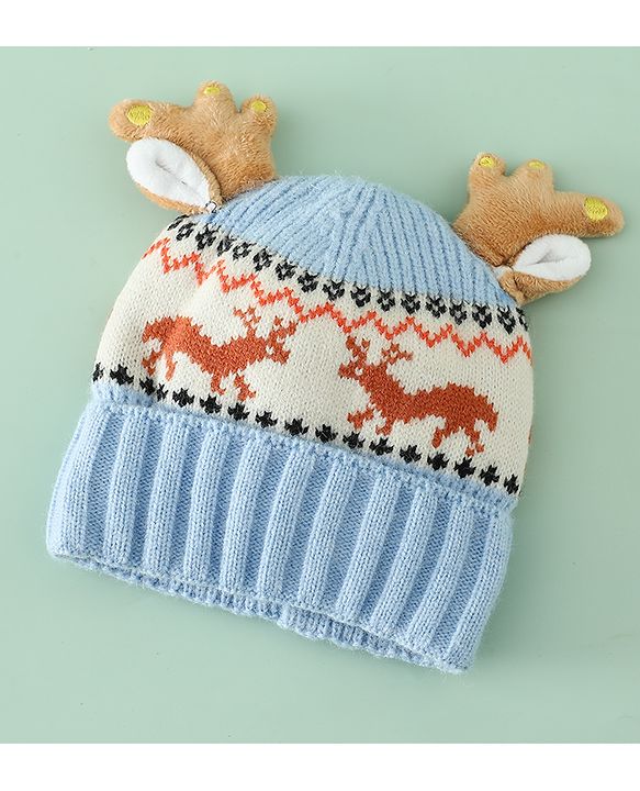 Babyhug Woollen Cap with Reindeer Applique in Red - Diameter 14 cm