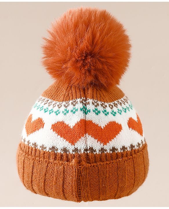 Babyhug Woollen Cap With Heart Design in Orange - Diameter 14.5 cm