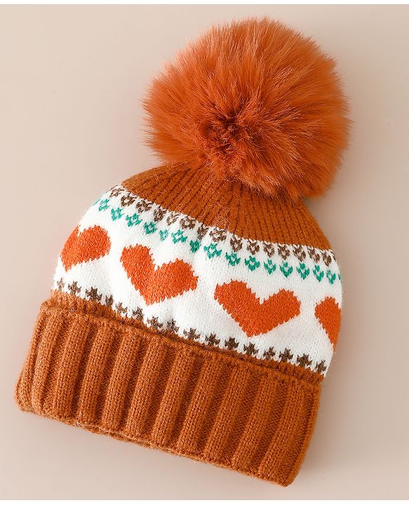 Babyhug Woollen Cap With Heart Design in Orange - Diameter 15.5 cm