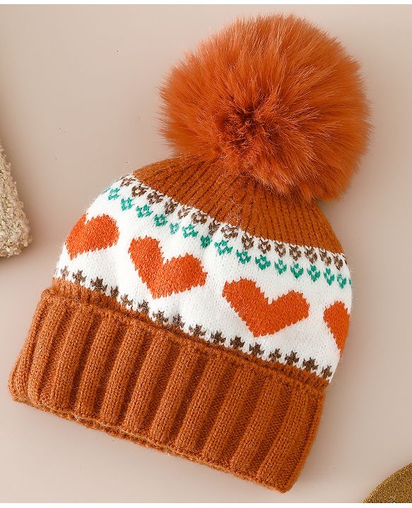 Babyhug Woollen Cap With Heart Design in Orange - Diameter 15.5 cm