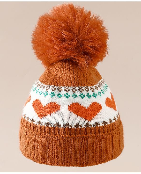 Babyhug Woollen Cap With Heart Design in Orange - Diameter 15.5 cm