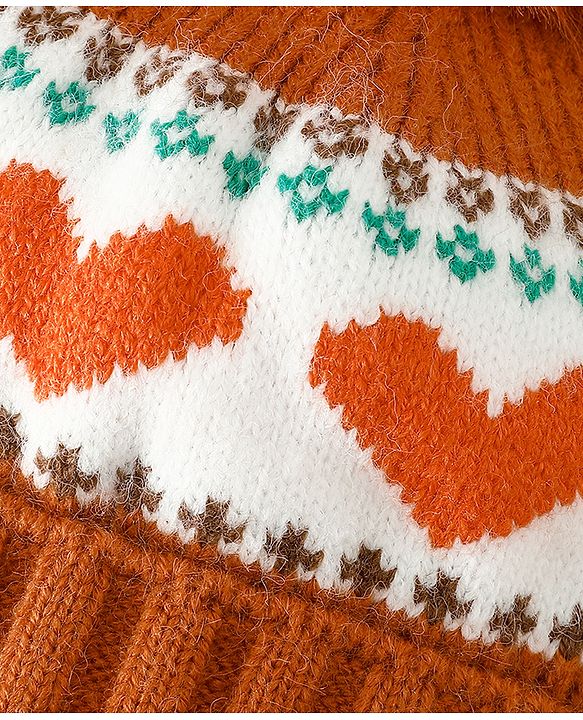 Babyhug Woollen Cap With Heart Design in Orange - Diameter 15.5 cm