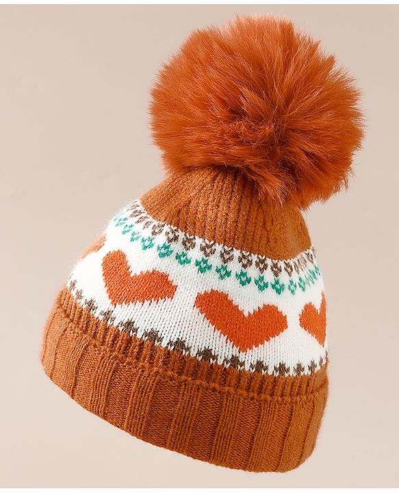 Babyhug Woollen Cap With Heart Design in Orange - Diameter 15.5 cm