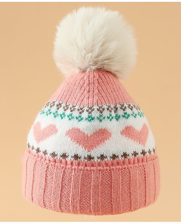 Babyhug Woollen Cap With Heart Design in Orange - Diameter 15.5 cm
