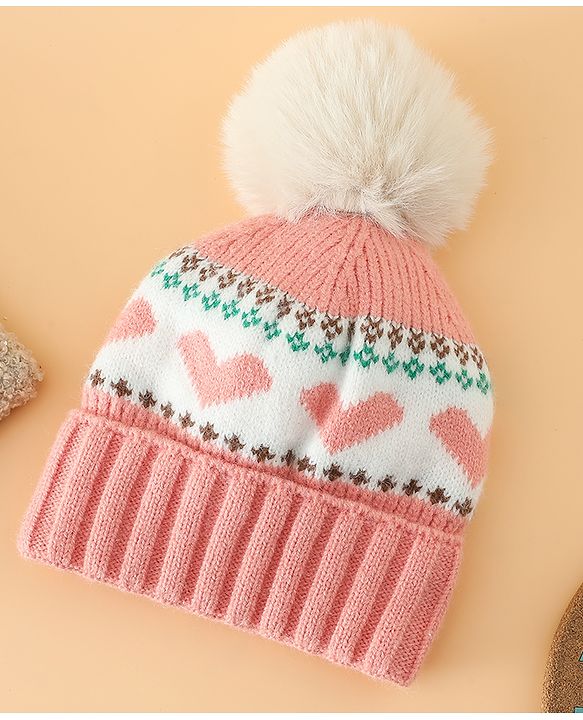 Babyhug Woollen Cap With Heart Design in Orange - Diameter 15.5 cm
