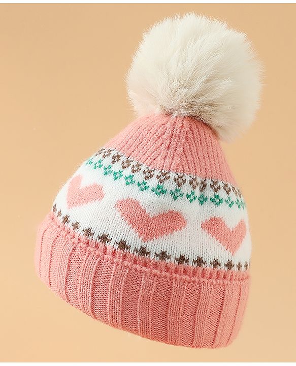 Babyhug Woollen Cap With Heart Design in Orange - Diameter 15.5 cm