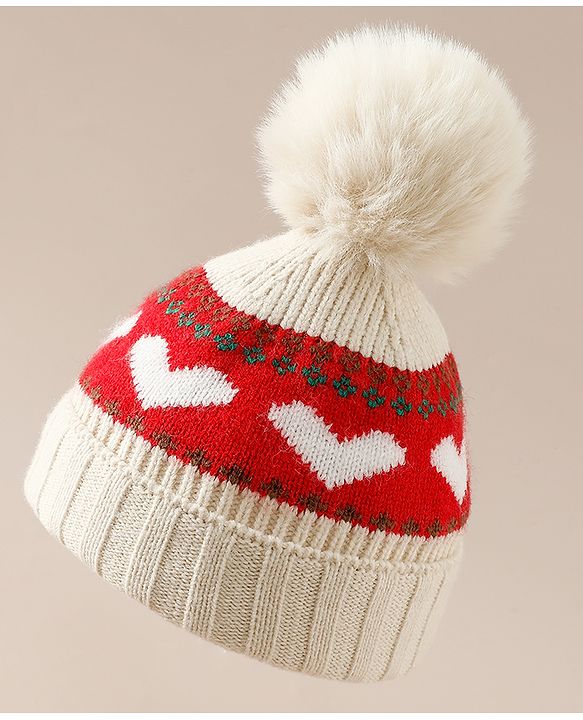 Babyhug Woollen Cap With Heart Design in Orange - Diameter 15.5 cm