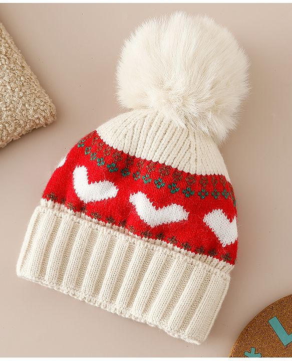 Babyhug Woollen Cap With Heart Design in Orange - Diameter 15.5 cm