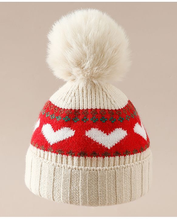 Babyhug Woollen Cap With Heart Design in Orange - Diameter 15.5 cm