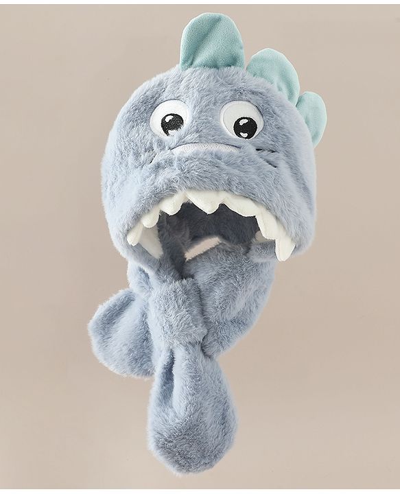 Babyhug Woollen Cap with Knot & Dino Applique in Blue - Diameter 33 cm