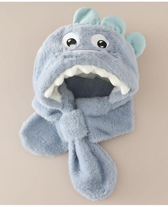 Babyhug Woollen Cap with Knot & Dino Applique in Blue - Diameter 33 cm