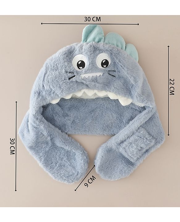 Babyhug Woollen Cap with Knot & Dino Applique in Blue - Diameter 33 cm