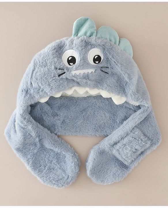 Babyhug Woollen Cap with Knot & Dino Applique in Blue - Diameter 33 cm