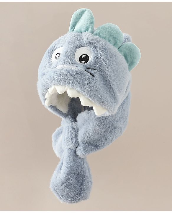 Babyhug Woollen Cap with Knot & Dino Applique in Blue - Diameter 33 cm