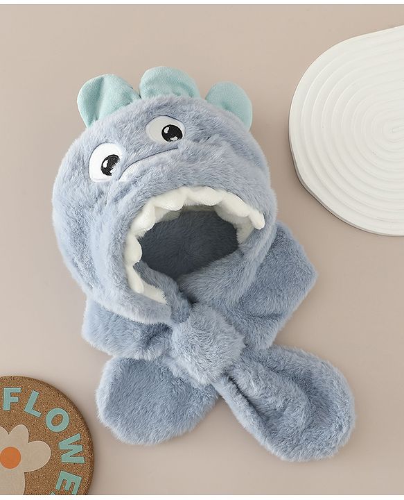 Babyhug Woollen Cap with Knot & Dino Applique in Blue - Diameter 33 cm