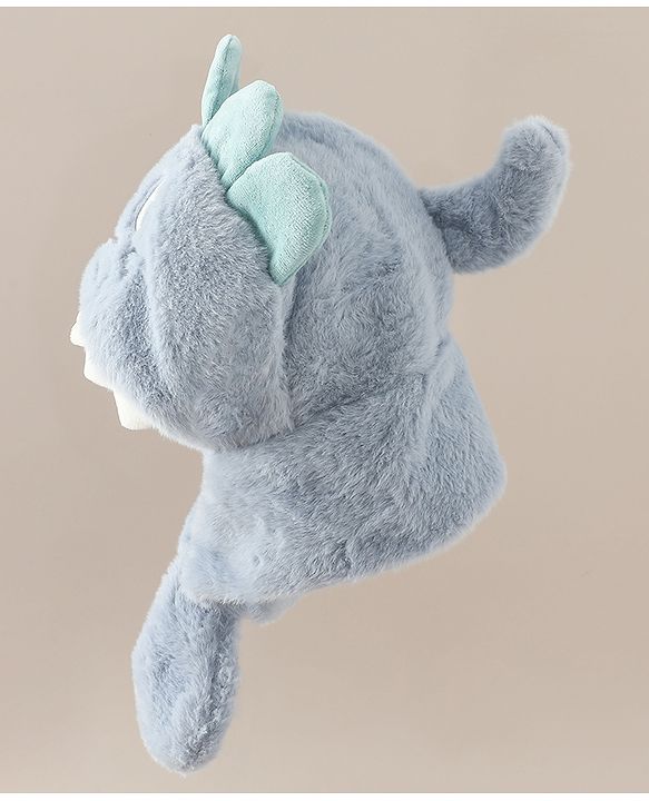 Babyhug Woollen Cap with Knot & Dino Applique in Blue - Diameter 33 cm