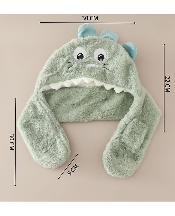 Babyhug Woollen Cap with Knot & Dino Applique in Blue - Diameter 33 cm