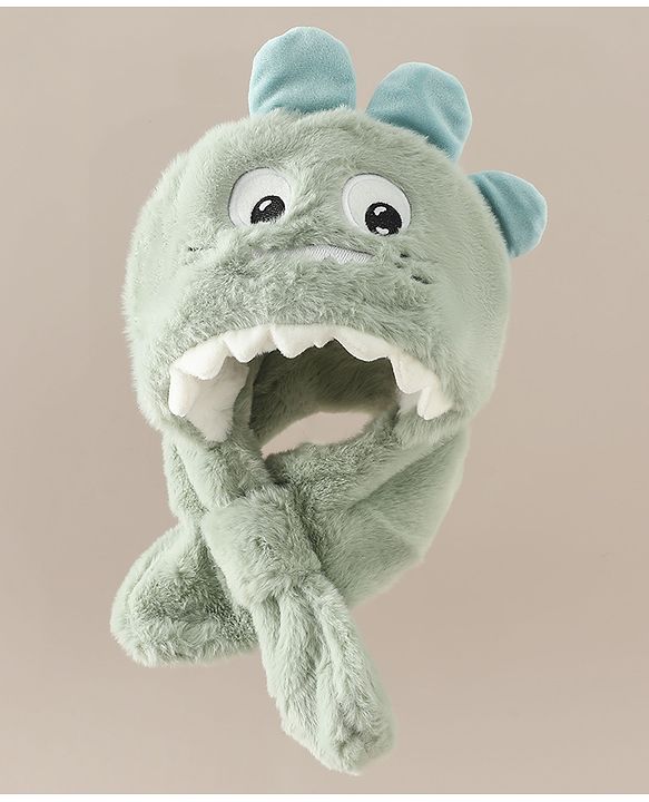 Babyhug Woollen Cap with Knot & Dino Applique in Blue - Diameter 33 cm