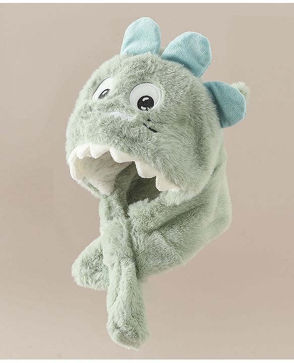 Babyhug Woollen Cap with Knot & Dino Applique in Blue - Diameter 33 cm