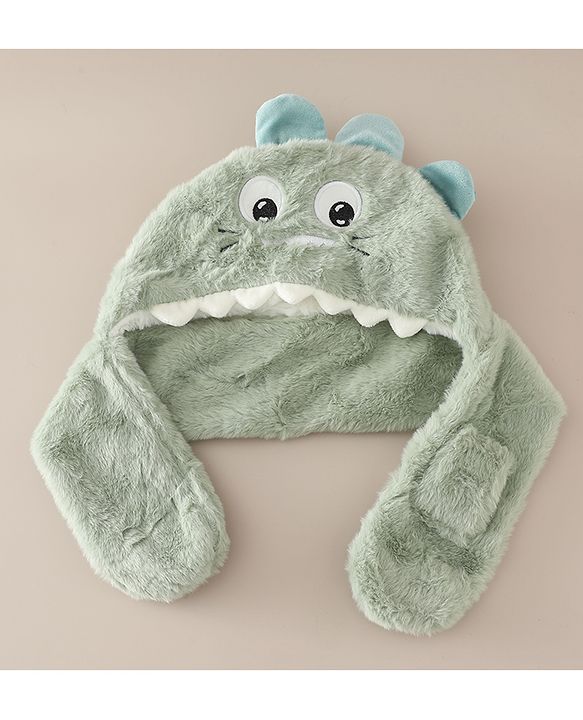 Babyhug Woollen Cap with Knot & Dino Applique in Blue - Diameter 33 cm