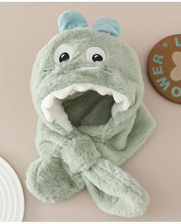 Babyhug Woollen Cap with Knot & Dino Applique in Blue - Diameter 33 cm