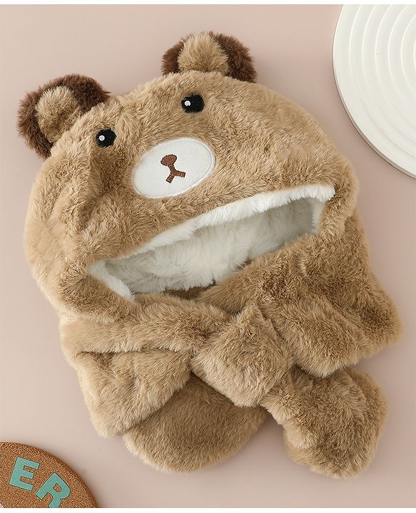 Babyhug Woollen Cap with Knot & Bear Applique in Brown - Diameter 33 cm