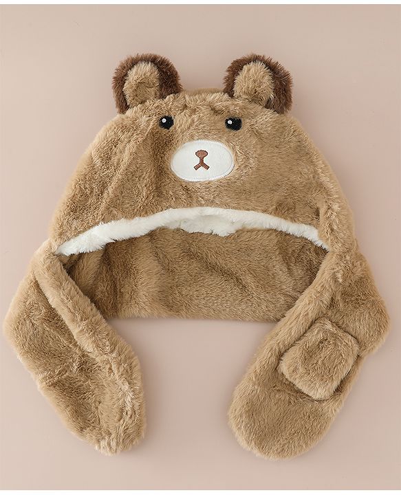 Babyhug Woollen Cap with Knot & Bear Applique in Brown - Diameter 33 cm