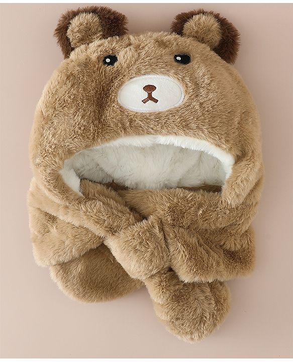 Babyhug Woollen Cap with Knot & Bear Applique in Brown - Diameter 33 cm