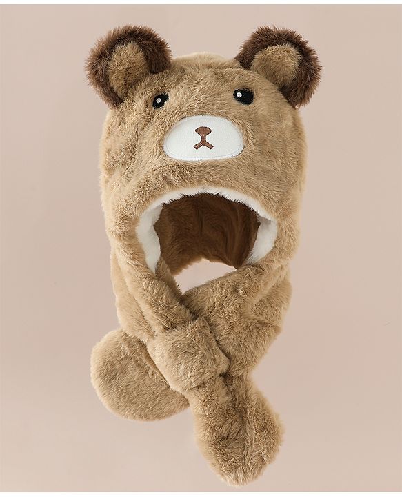 Babyhug Woollen Cap with Knot & Bear Applique in Brown - Diameter 33 cm