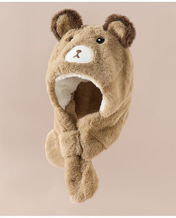 Babyhug Woollen Cap with Knot & Bear Applique in Brown - Diameter 33 cm