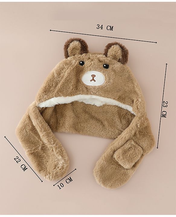 Babyhug Woollen Cap with Knot & Bear Applique in Brown - Diameter 33 cm