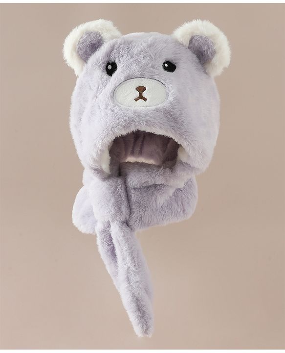 Babyhug Woollen Cap with Knot & Bear Applique in Brown - Diameter 33 cm