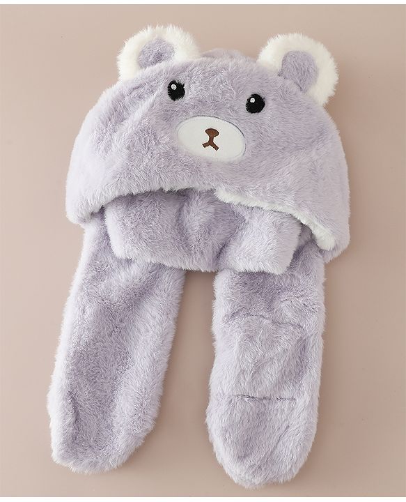 Babyhug Woollen Cap with Knot & Bear Applique in Brown - Diameter 33 cm