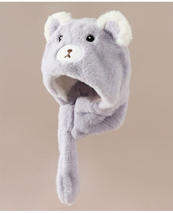 Babyhug Woollen Cap with Knot & Bear Applique in Brown - Diameter 33 cm