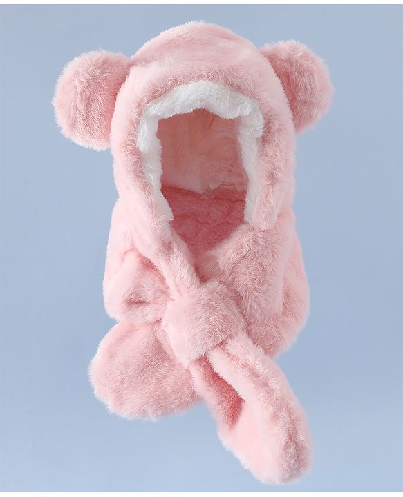 Babyhug Woollen Cap with Bear Ear & Knot Pink - Diameter 33 cm