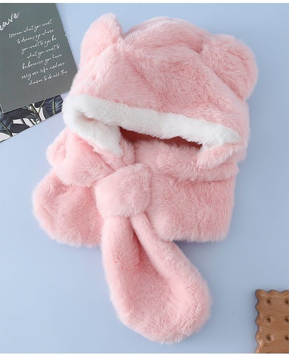 Babyhug Woollen Cap with Bear Ear & Knot Pink - Diameter 33 cm