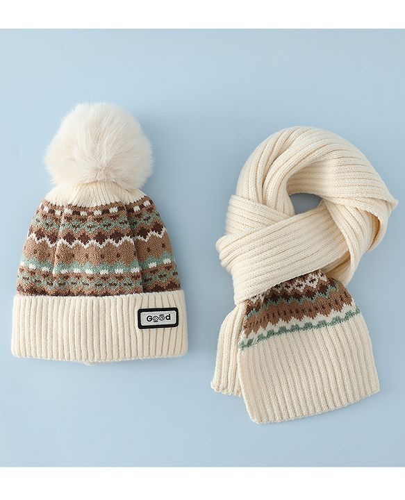 Pine Kids Woollen Cap & Muffler White Diameter of cap - 19 cm
