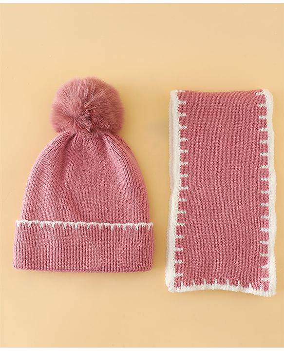 Pine Kids Solid Woollen Cap & Muffler Pink-Diameter 19 cm