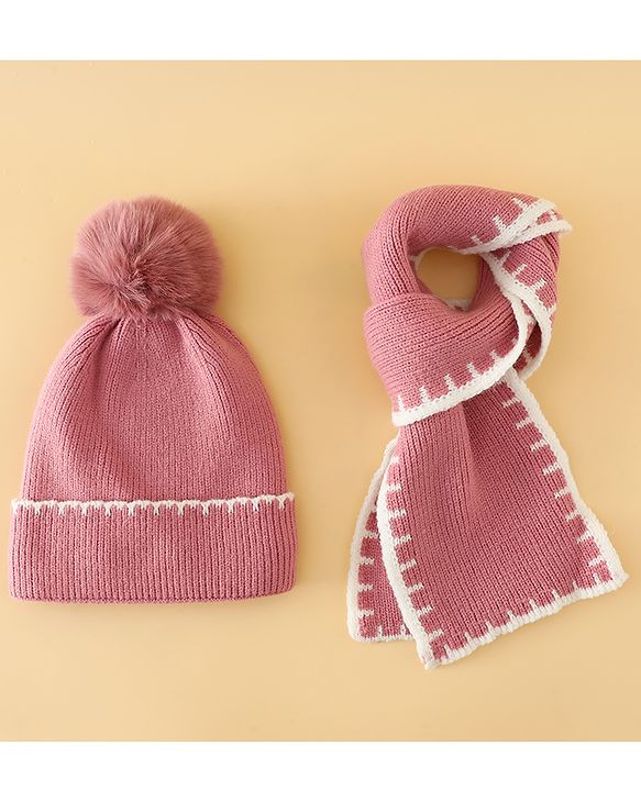 Pine Kids Solid Woollen Cap & Muffler Pink-Diameter 19 cm