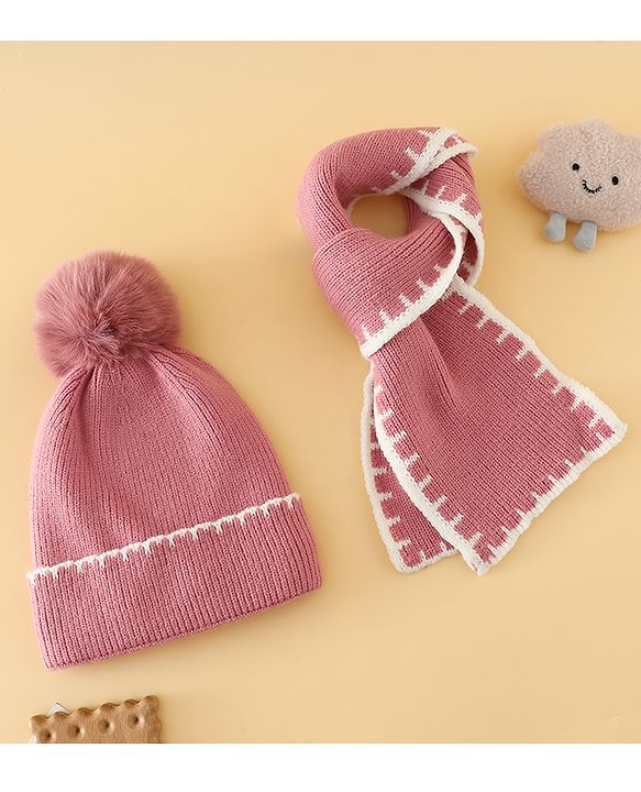 Pine Kids Solid Woollen Cap & Muffler Pink-Diameter 19 cm