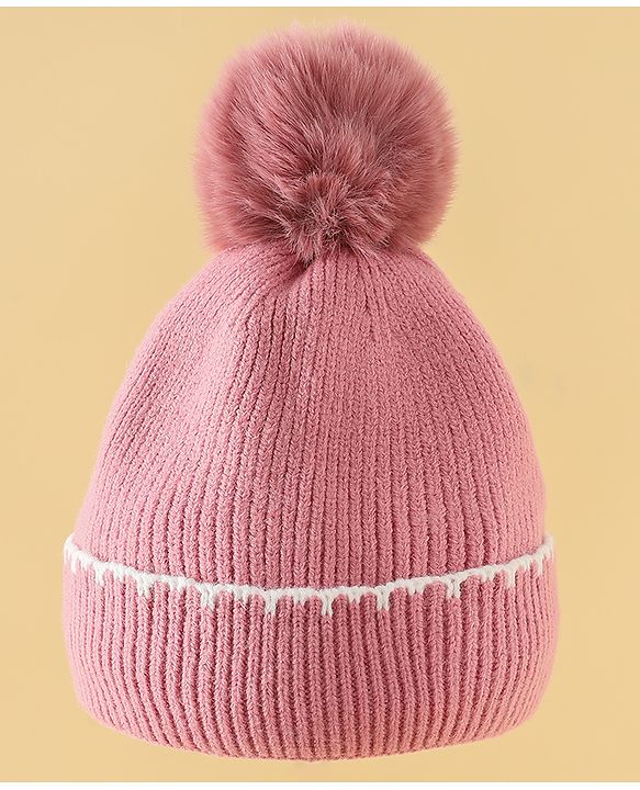 Pine Kids Solid Woollen Cap & Muffler Pink-Diameter 19 cm
