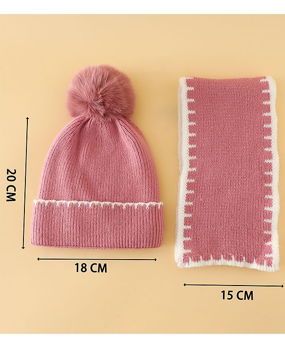 Pine Kids Solid Woollen Cap & Muffler Pink-Diameter 19 cm