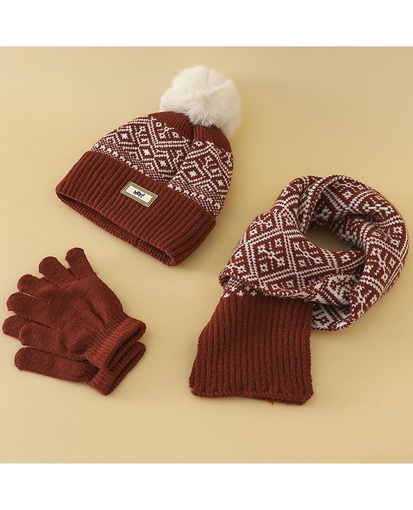 Pine Kids Woollen Cap Gloves & Muffler With Geometric Design in Brown- Diameter 18 cm
