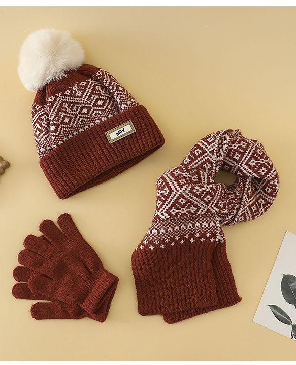 Pine Kids Woollen Cap Gloves & Muffler With Geometric Design in Brown- Diameter 18 cm