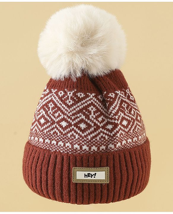 Pine Kids Woollen Cap Gloves & Muffler With Geometric Design in Brown- Diameter 18 cm