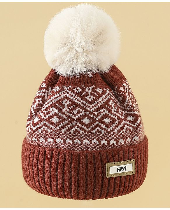 Pine Kids Woollen Cap Gloves & Muffler With Geometric Design in Brown- Diameter 18 cm